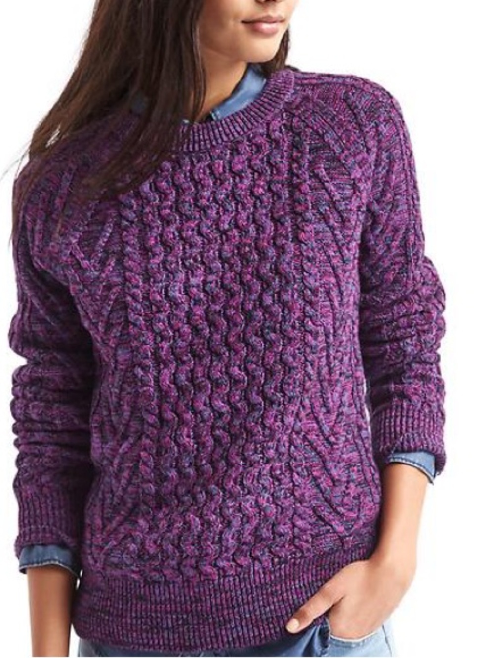 GAP Purple Marled Cable-Knit Crewneck Sweater